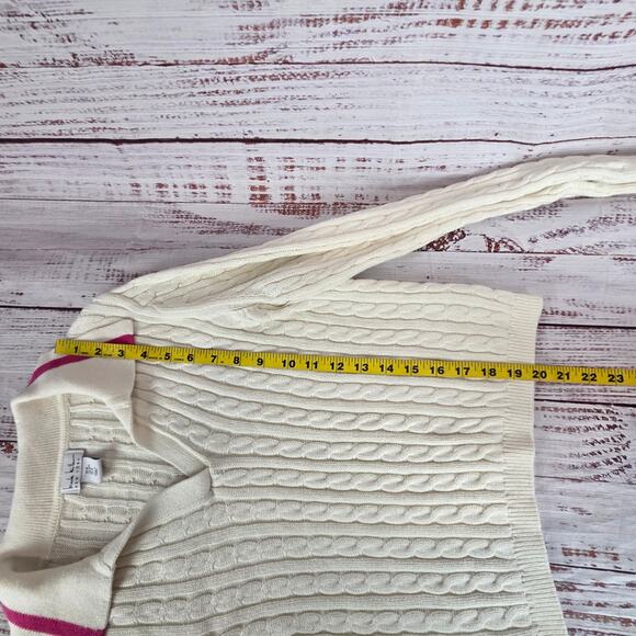 Nicole Miller White Pink Stripe Polo Cable Knit Sweater M Prep School Girl Lux - Picture 7 of 9